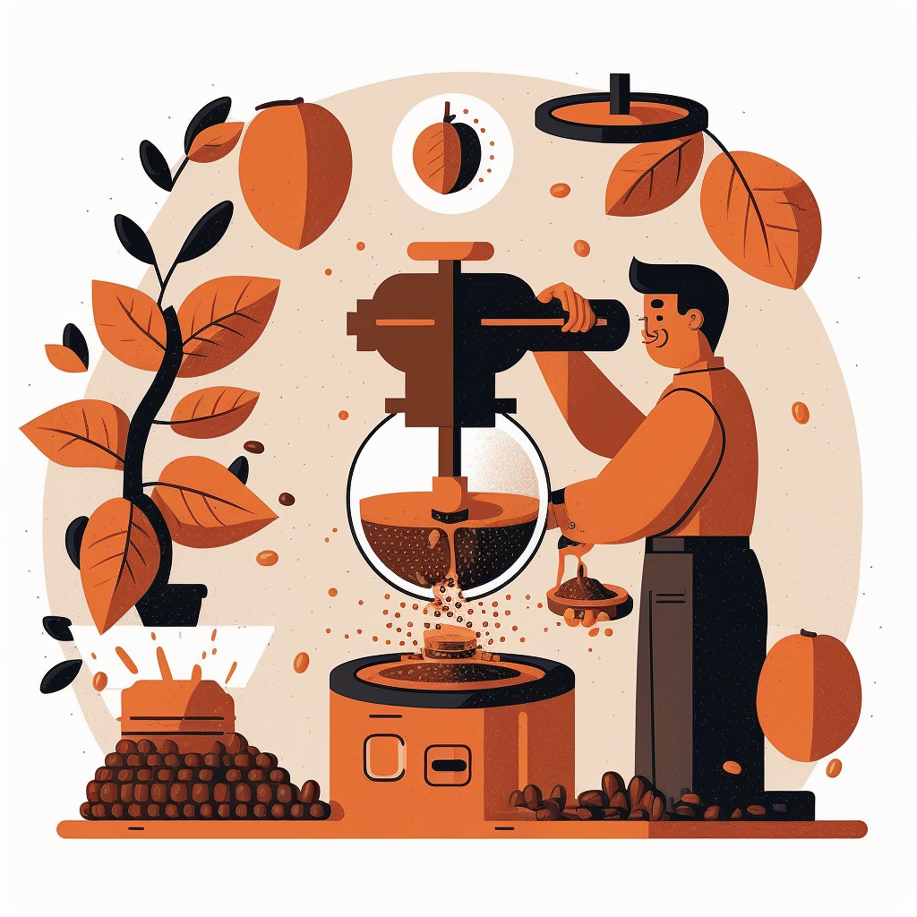 A stylised graphic of a barista making coffee surrounded by beans and leaves.